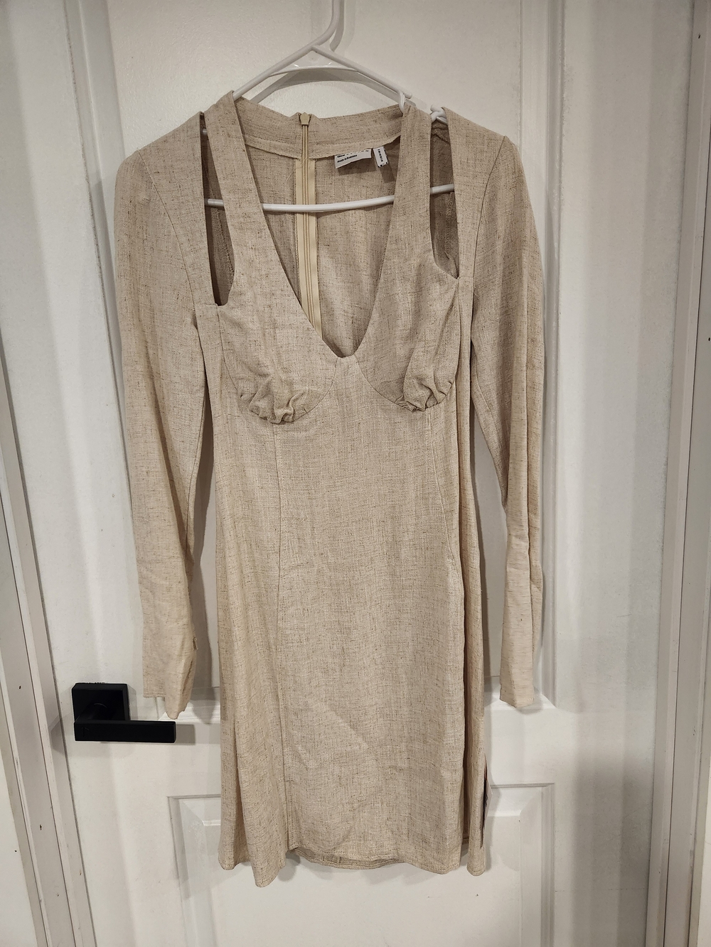 ASOS Beige Long Sleeve Cutout V-Neck Dress